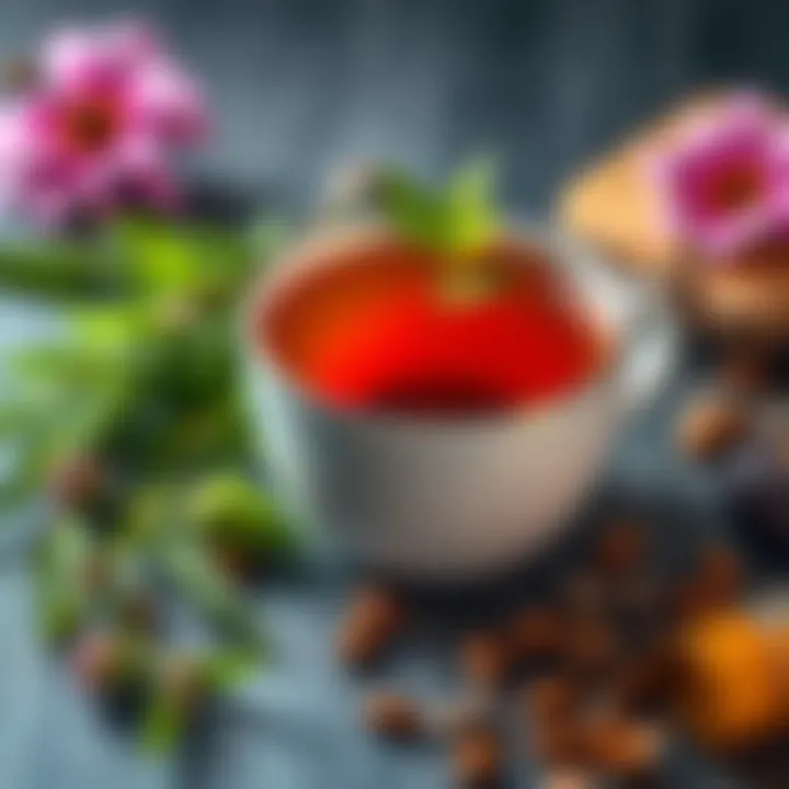 A cup of herbal tea surrounded by fresh herbs and calming elements, highlighting natural anxiety relief options.
