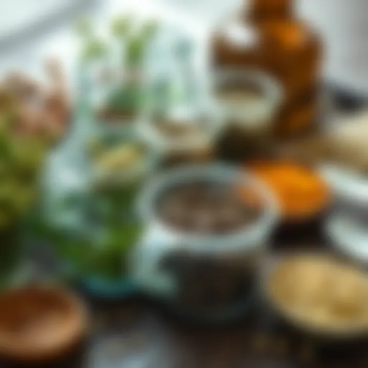 Various herbs measured in cups and spoons for blending recipes