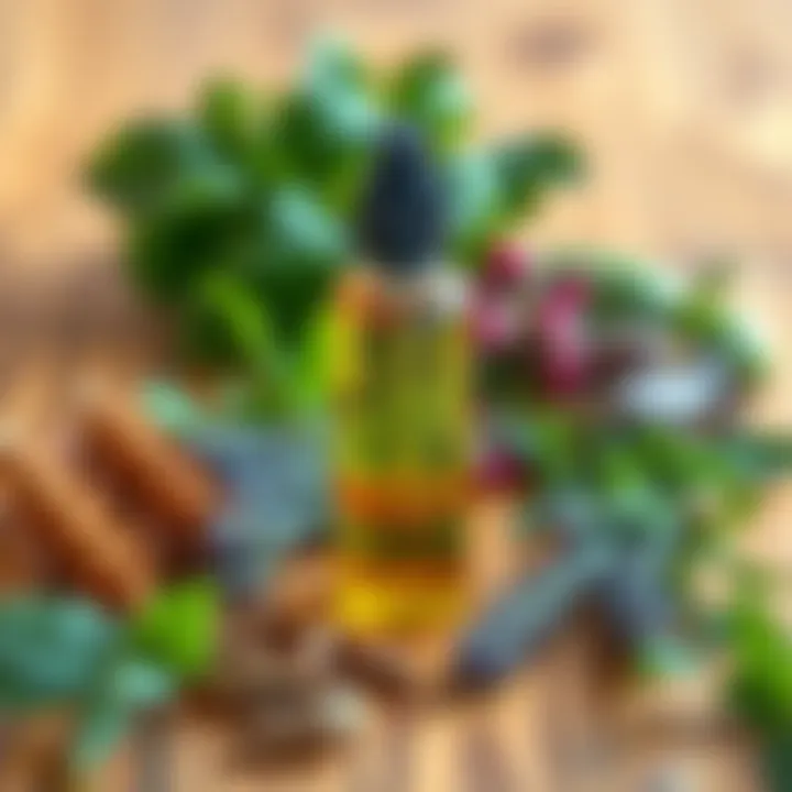 A roll-on bottle filled with essential oils and surrounded by fresh herbs on a wooden table.