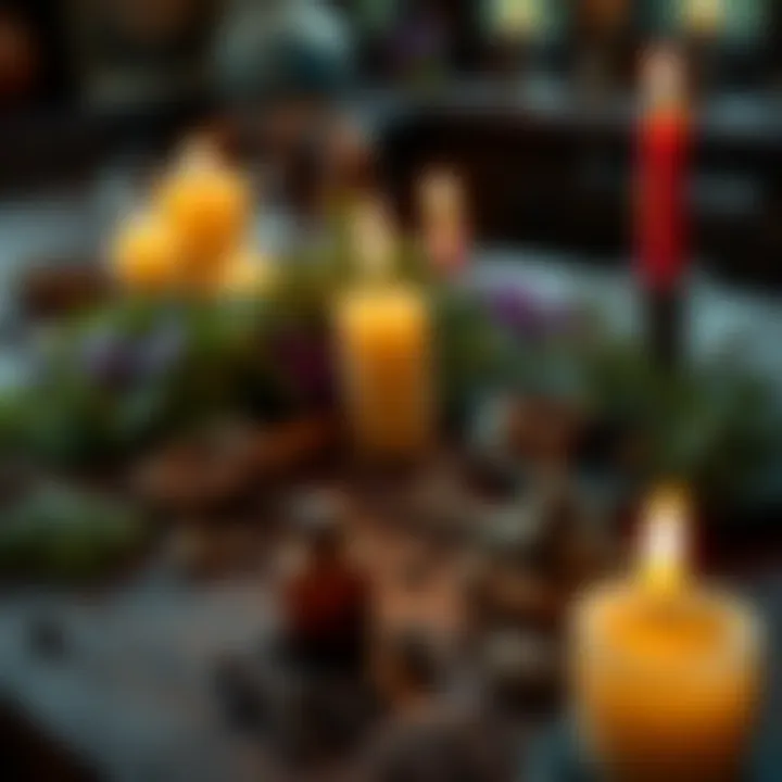 A collection of leftover herbs and burnt candles arranged on a wooden table, with a hint of magic in the air.