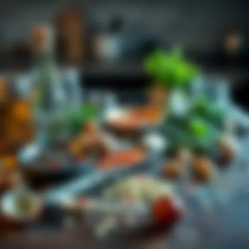 A collection of kitchen herbs and common ingredients laid out on a table, ready for a spell to encourage a roommate to move out.