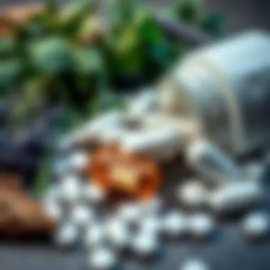 A collection of anti-anxiety herbs alongside prescription pills, illustrating natural and medicinal treatments for anxiety.