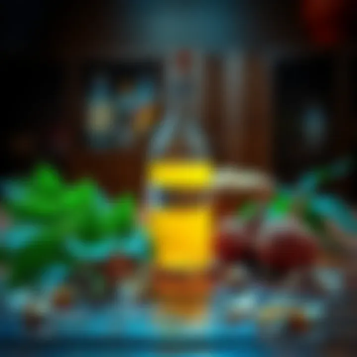 A bottle of vinegar surrounded by herbs like plantain and devils dung on a wooden table