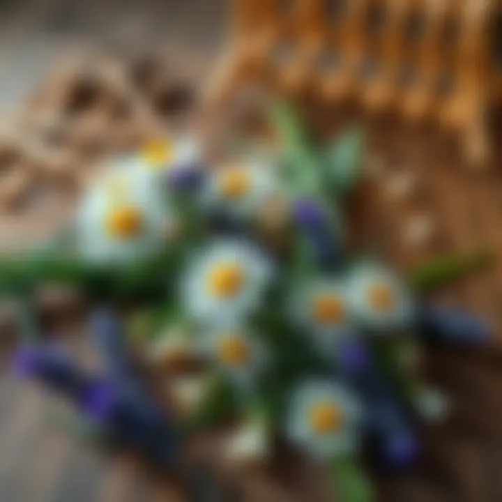 Chamomile and lavender herbs placed on a wooden table, symbolizing family communication and connection through herbal magic