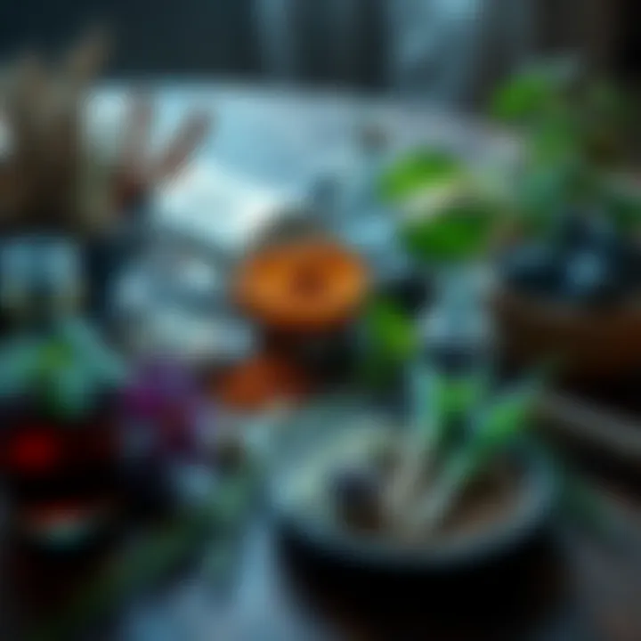A collection of various herbs and plants used for spell work displayed on a wooden table, illustrating the importance of sourcing ingredients.
