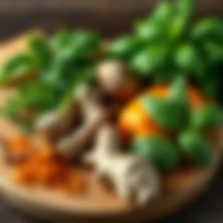 Herbs for Thyroid Health A variety of fresh kitchen herbs including turmeric, ginger, and basil on a wooden cutting board, ready for cooking