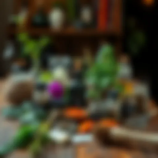 A collection of various herbs arranged on a wooden table, with labels showing their significance in witchcraft and magic.