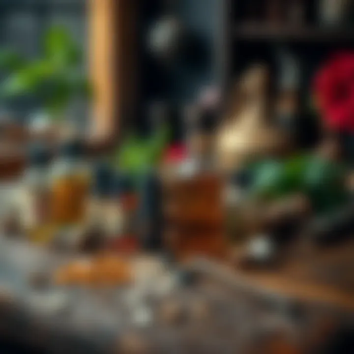 A collection of herbs and small bottles of spell oils on a wooden table, showcasing glamour, protection, and money oils.