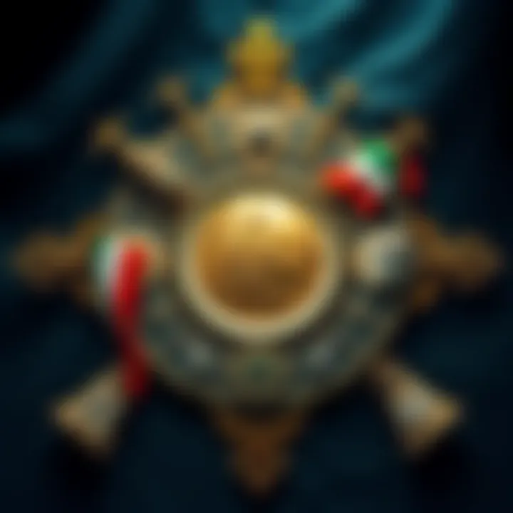 An intricate depiction of ancient Roman symbols intertwined with Italian cultural motifs, illustrating the fusion of Religio Romana practices and Italian ancestry.