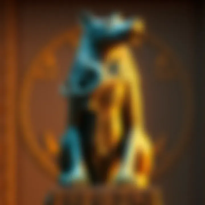 A statue depicting Hermanubis, combining features of Hermes and Anubis, with a human body and canine head, surrounded by ancient symbols.