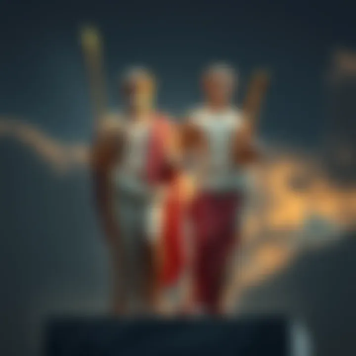 Hermes and Apollo stand together, representing storytelling and mythology. Hermes holds a staff while Apollo is depicted with a lyre, symbolizing their connection to tales and music.