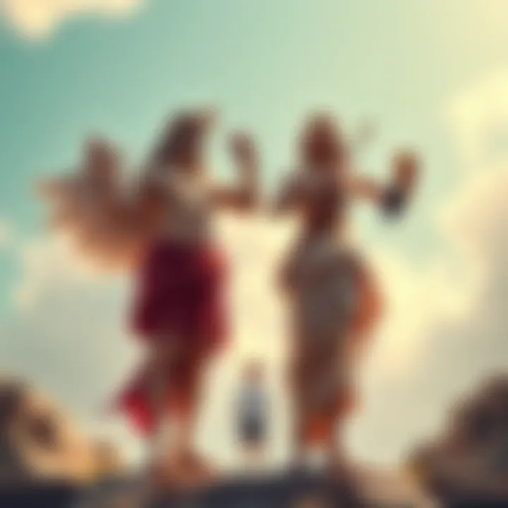 A person standing between Hermes and Dionysus, looking thoughtful about their choices. Hermes appears with wings on his sandals and a staff, while Dionysus holds grapes and a cup, symbolizing joy and freedom.