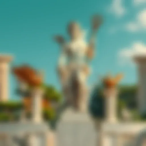 A statue of Hermes Mercurius, depicted as a young man with wings on his sandals and hat, holding a staff, surrounded by symbols of craft and wit, set in a serene outdoor environment.