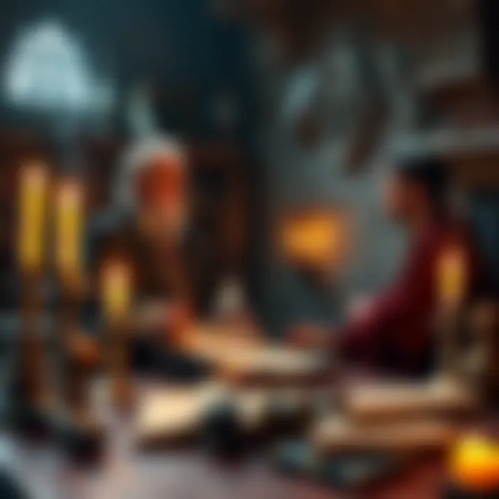A mentor and student discuss alchemy in a candle-lit room filled with ancient books and scrolls.