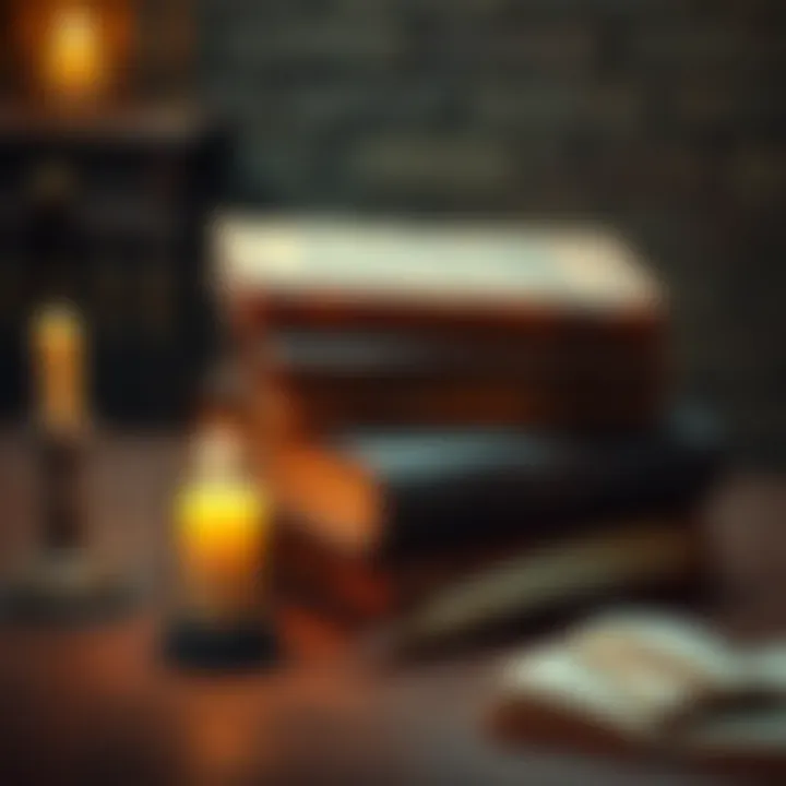 A collection of ancient texts on Hermeticism and Alchemy stacked on a wooden table, with a candle and quill beside them.
