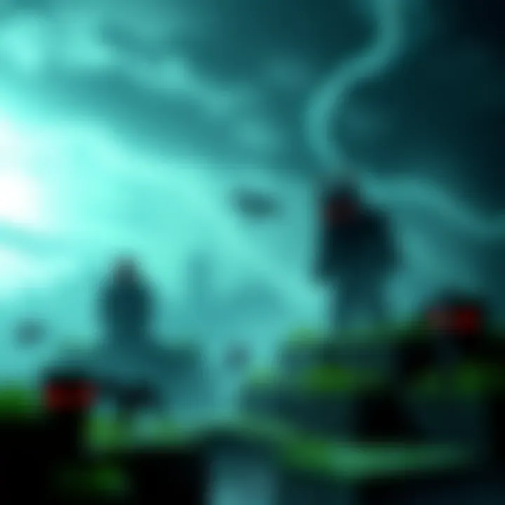 A dark figure of Herobrine lurking in a Minecraft landscape, surrounded by ominous messages and shadows of scary creatures.