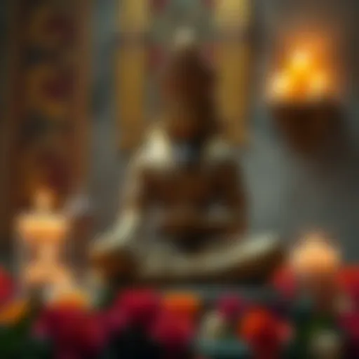 A beautifully crafted statue of Heru surrounded by candles and flowers, symbolizing peace and connection in spiritual practice.
