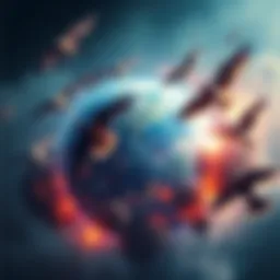 Hestia Planet with Danger Birds A vibrant planet named Hestia surrounded by danger birds flying above, showcasing a lively ecosystem.