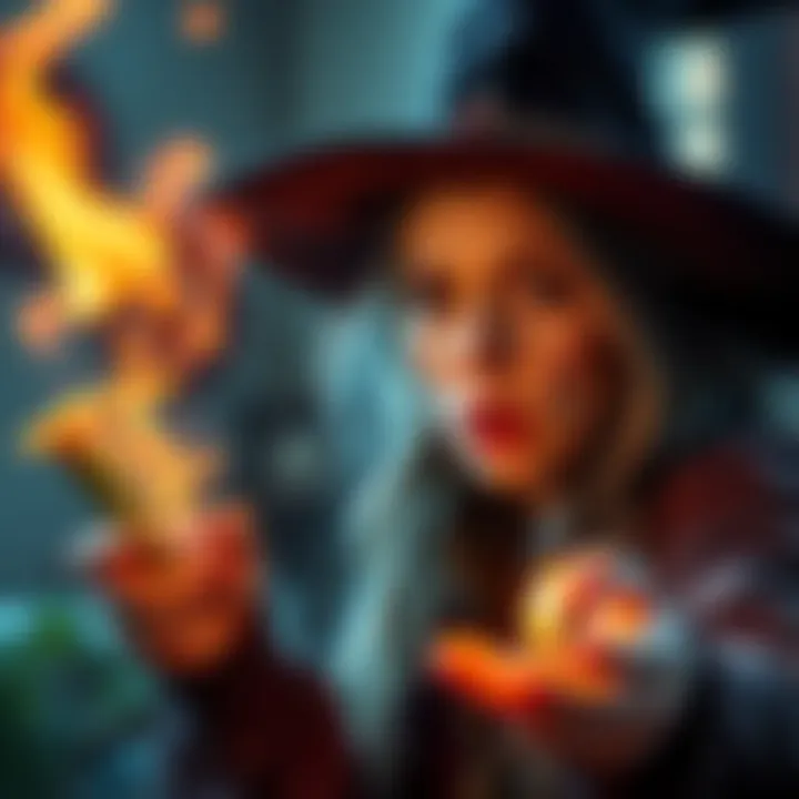 Hex Caster with Surprised Expression A witch looks confused as her hex backfires, with her target flourishing happily nearby.