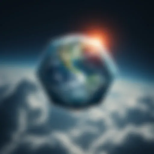 A visual representation of the Earth in a hexagonal shape, contrasted against a background of clouds and stars.