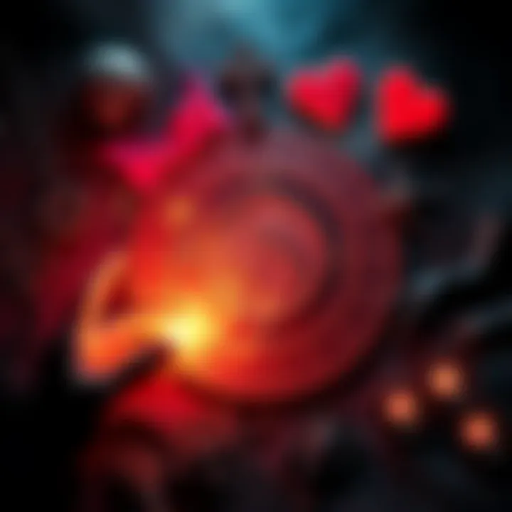 A mystical representation of hexes showcasing dark magic intertwined with symbols of love, money, and mental health, surrounded by shadowy elements.