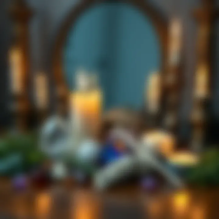 A collection of herbs, crystals, and candles used for hexing spells, arranged on a wooden table with a mirror in the background.