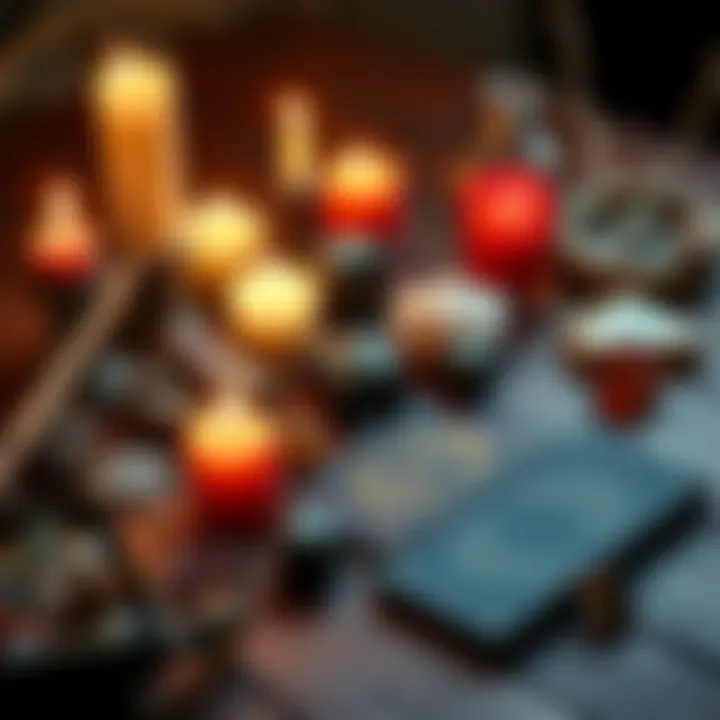 A collection of hexing tools including candles, crystals, and tarot cards on a wooden table
