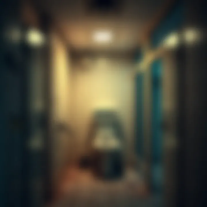 A dirty and closed-off mall bathroom with a flickering light and grimy stalls