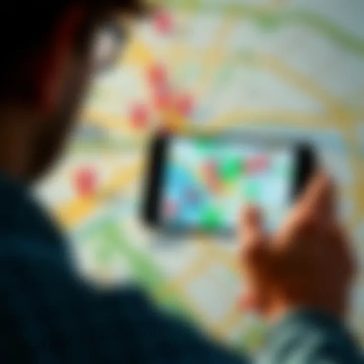 Exploring Hidden Locations on Google Maps A person using Google Maps on a phone, looking at various highlighted landmarks, indicating hidden spots in a city, with a map background.