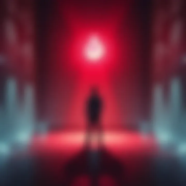 Hidden Knowledge A figure standing in a dimly lit room, holding a glowing crystal that symbolizes advanced scientific knowledge, while shadows of gears and circuits cast on the wall represent innovation.