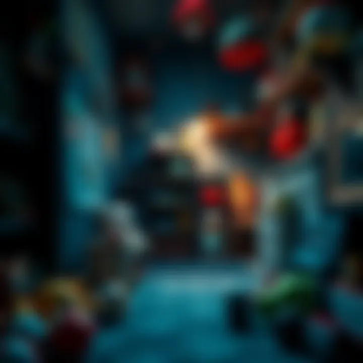 A person exploring a hidden room filled with childhood toys and memories, showcasing a mix of excitement and fear.
