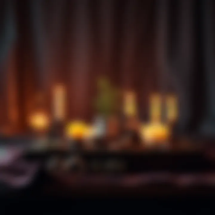 Hidden Altar Setup A serene and discreet altar adorned with candles, crystals, and a small plant, set against a cozy room backdrop.