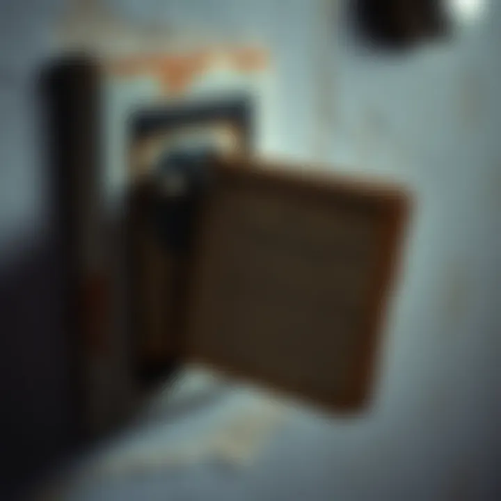 A close-up of a worn notebook discovered behind a power socket in a bedroom wall, pages slightly opened revealing disturbing writings about strange sounds during the night.