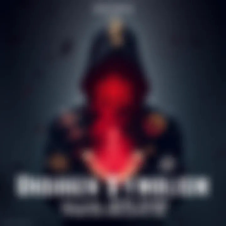 A shadowy figure holds a symbol that represents deception, surrounded by various other symbols in the background.