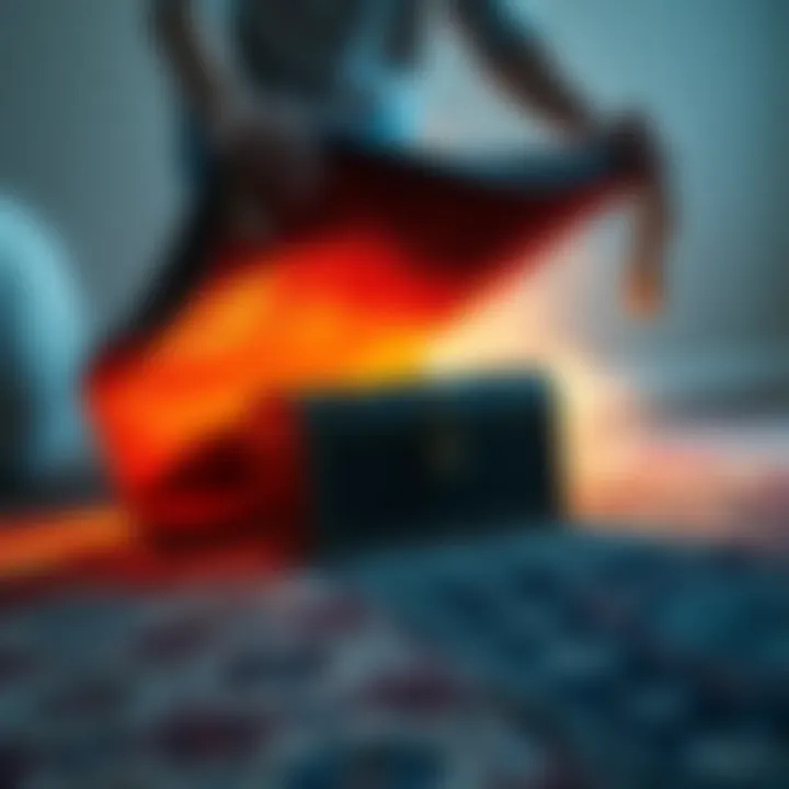 A person lifting an old carpet to reveal a dusty treasure chest hidden underneath