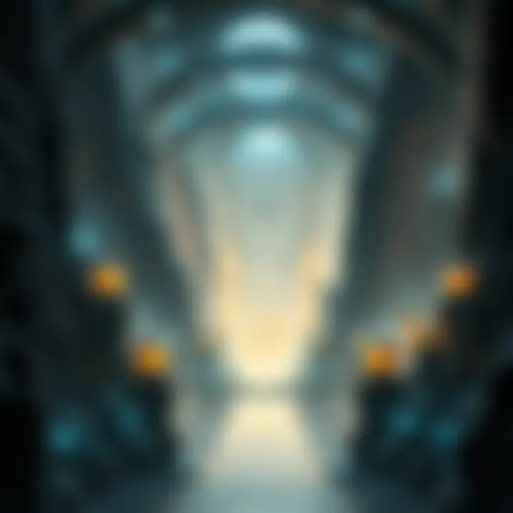 A view of a large underground city with glowing lights and structures, revealing a hidden civilization beneath the Earth.