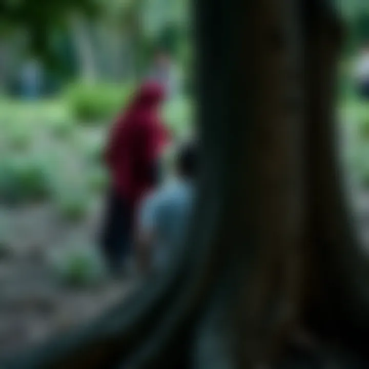 A person crouched behind a tree, watching a cult leader in a robe, looking tense and ready to escape