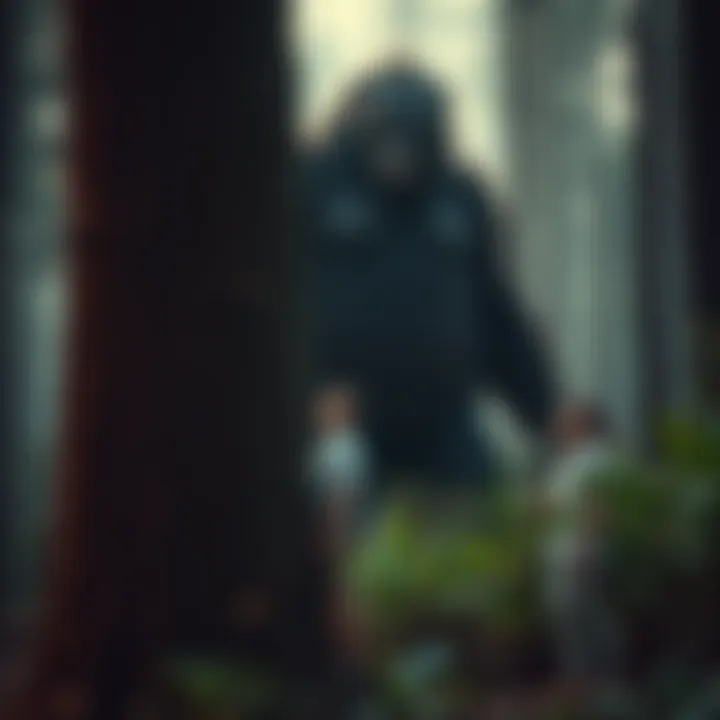 A person hiding behind a tree, looking scared as a large sasquatch looms nearby in a dense forest.