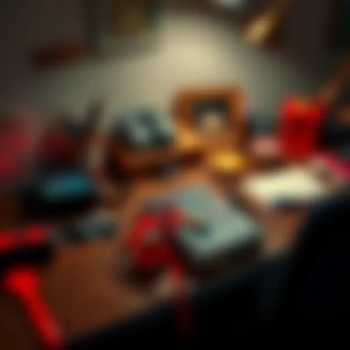 A person using different symbols and techniques to hide a diary among everyday objects on a desk.
