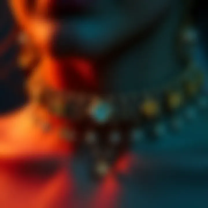 A close-up of a brass choker with sparkling crystals, showcasing its intricate design.