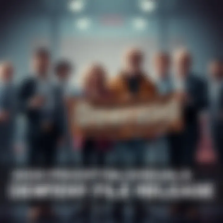 A group of high-profile individuals, including a CEO and a producer, stands together, holding documents and a banner demanding transparency.