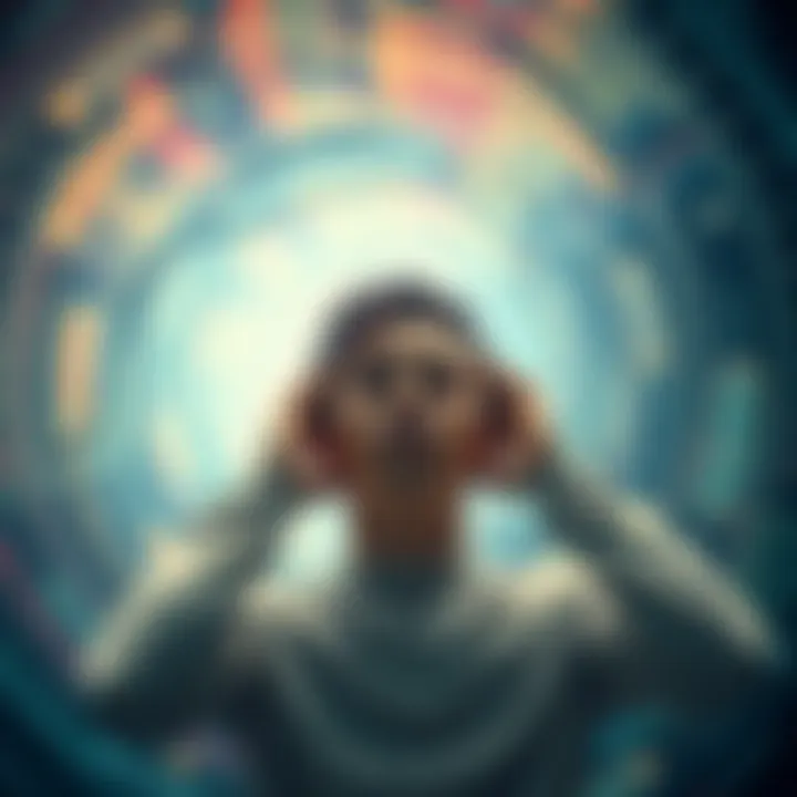 A person holding their ears, looking startled, surrounded by swirling abstract patterns representing sound waves and dreams of alien technology.