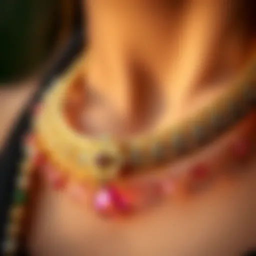 A close-up view of a handmade choker made from brass and sparkling crystals, showcasing its elegant design.