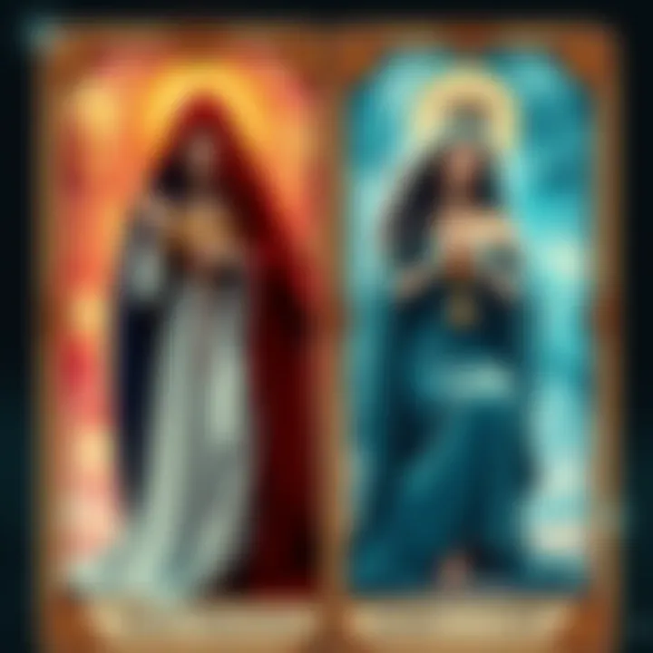 Two tarot cards featuring the High Priestess and the Queen of Cups, each symbolizing emotional depth and intuition.