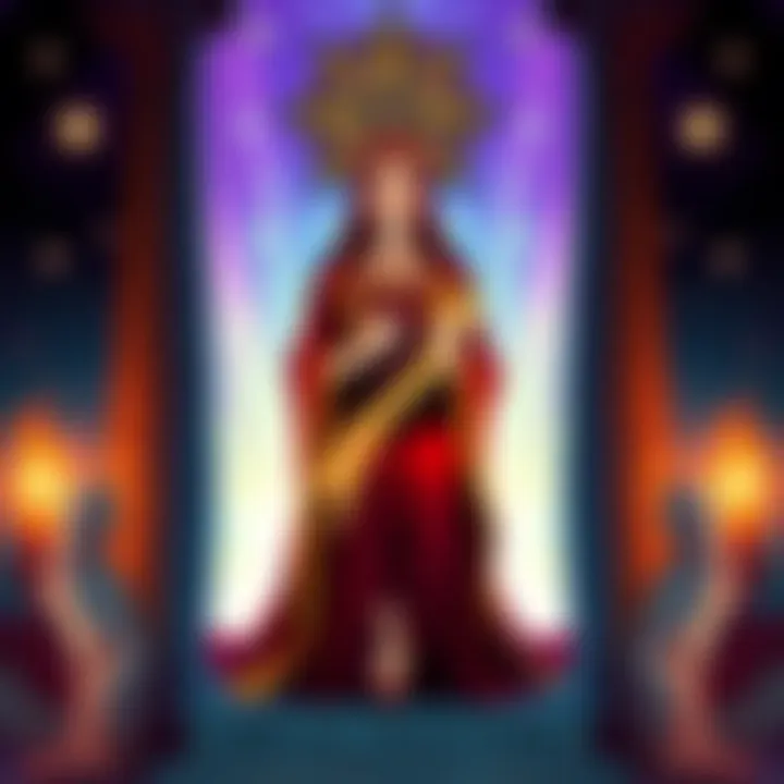 High Priestess Tarot Card The High Priestess tarot card depicted with symbols of intuition and mystery, featuring a woman seated between two pillars, holding a scroll.