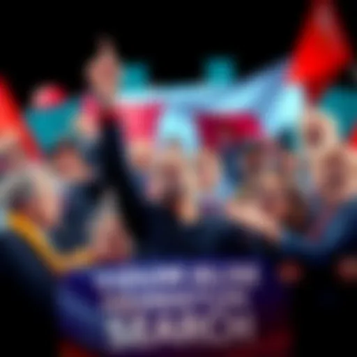 A group of famous individuals rallying support for a search effort, showing unity and determination, with vibrant banners and enthusiastic expressions