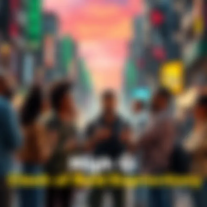 A visual representation of diverse perspectives clashing in a vibrant urban setting, showcasing individuals passionately engaging in dialogue.