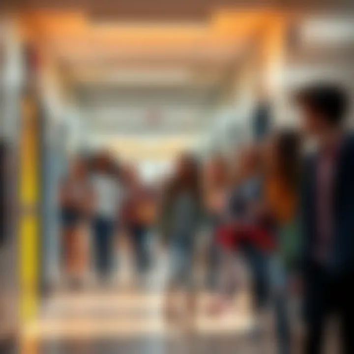 High School Scene A group of high school students laughing and interacting in a school hallway, symbolizing youth and vitality.