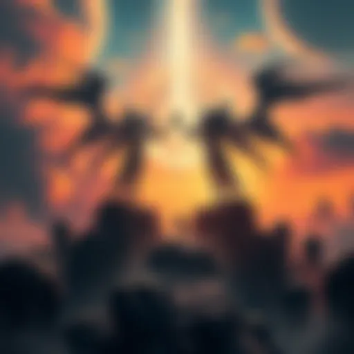 A depiction of advanced beings observing the development of human civilization, with celestial elements in the background.