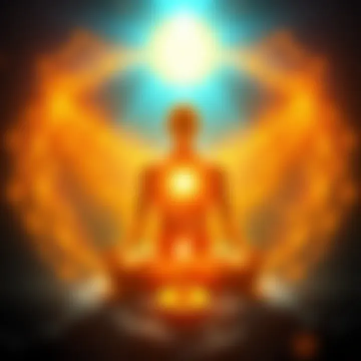 A visual representation of a person meditating with a glowing aura, surrounded by light symbols representing higher dimensions and divine energy.